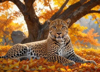 Obraz premium A leopard reclining on a bed of vibrant orange and yellow autumn leaves near a tree with branches stretching up towards the sky, forest, autumn leaves, wildlife photography