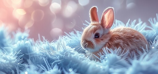 Obraz premium A fluffy baby rabbit with white fur, nestled in pastel blue feathers, surrounded by a dreamy lavender-pink gradient for a serene, magical vibe.