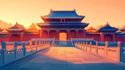 Background of Chinese traditional ancient architecture palace under sunset