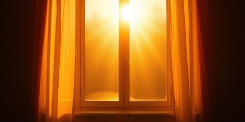 Golden sunlight streams through a window, illuminating a room with a warm glow and casting shadows on the curtains.