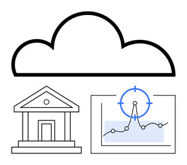 Large cloud above a government building and a chart with a target marker. Ideal for finance, cloud computing, data analysis, fintech, technology, banking, abstract line flat metaphor