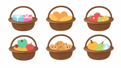 Gift baskets of Food in wood box, wicker, hamper. Holiday presents with snacks, confectionery. Flat vector illustration isolated on white background