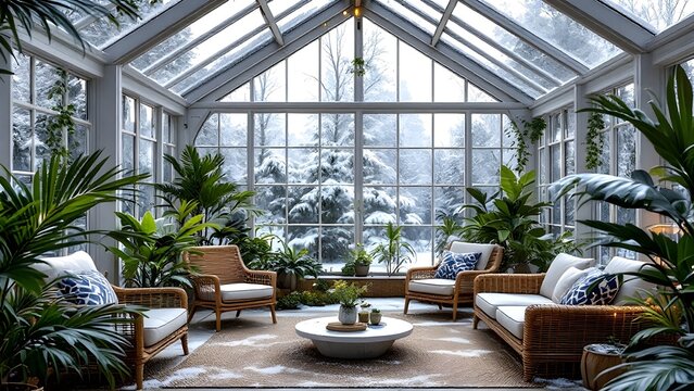 Winter garden with glass roof, tropical plants - 02
