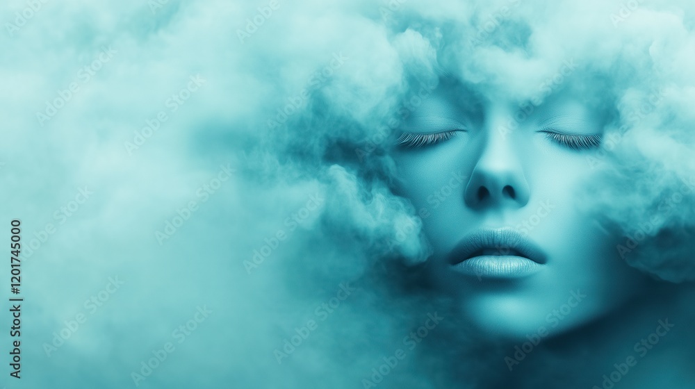 Poster surreal image of face dissolving into clouds with ethereal atmosphere and dreamlike quality for crea