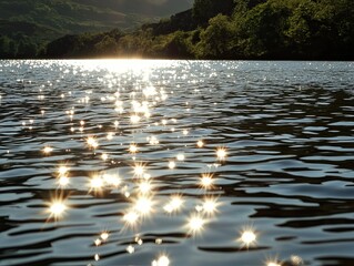 Sun sparkling on calm lake water at sunset, hills in background; nature scene for website or calendar