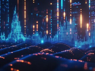 Obraz premium dynamic 3d financial data visualization, glowing blue trading charts rising through dark space, stock market analysis concept