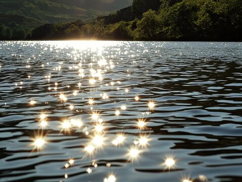 Sun sparkling on calm lake water at sunset, hills in background; nature scene for website or calendar