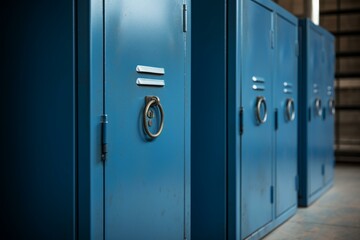 Close up of blue school lockers with combination locks and metal handles in a changing room
