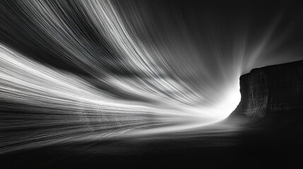 Dramatic coastal cliff, long exposure, monochrome, ocean mist, dynamic background, website banner