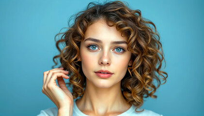 Young woman with curly brown hair and blue eyes posing against light blue background