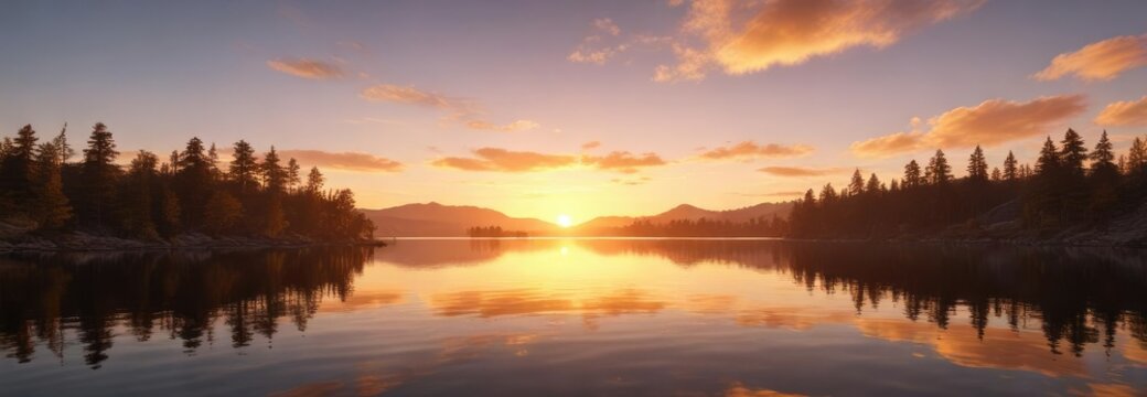 A majestic sunset casts a golden glow over the lake's calm waters, creating a sense of tranquility and serenity , sunset, serene