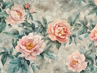 ethereal botanical pattern with dancing peonies, watercolor wash technique, sage green leaves, dusty rose blooms, vintage charm