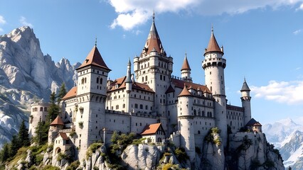 Fototapeta premium Medieval European castle on a cliff, with tall towers and stone walls
