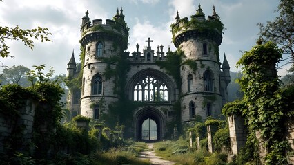 Obraz premium Abandoned gothic castle covered in ivy
