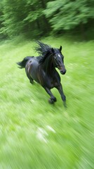 Obraz premium Black horse galloping in green field, forest background; nature, speed, freedom