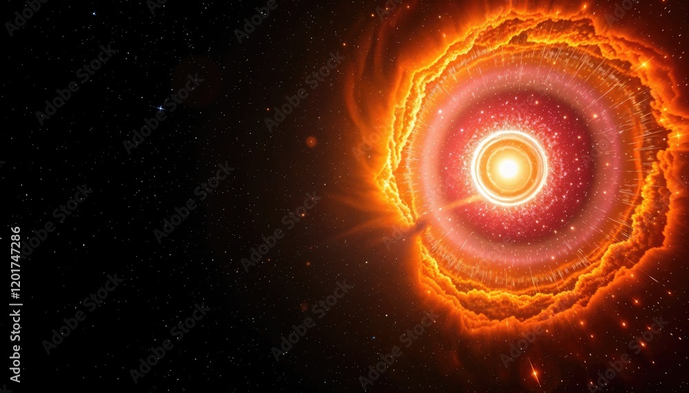 Poster Cosmic explosion: fiery nebula and bright core in deep space