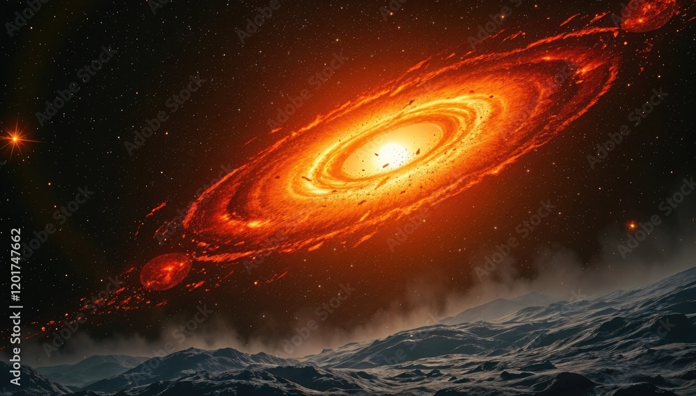 Aufkleber fiery cosmic swirl above desolate planet surface breathtaking celestial event unfolds