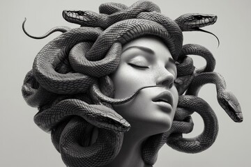 Black and gray beautiful female. Her hair is made of snakes.