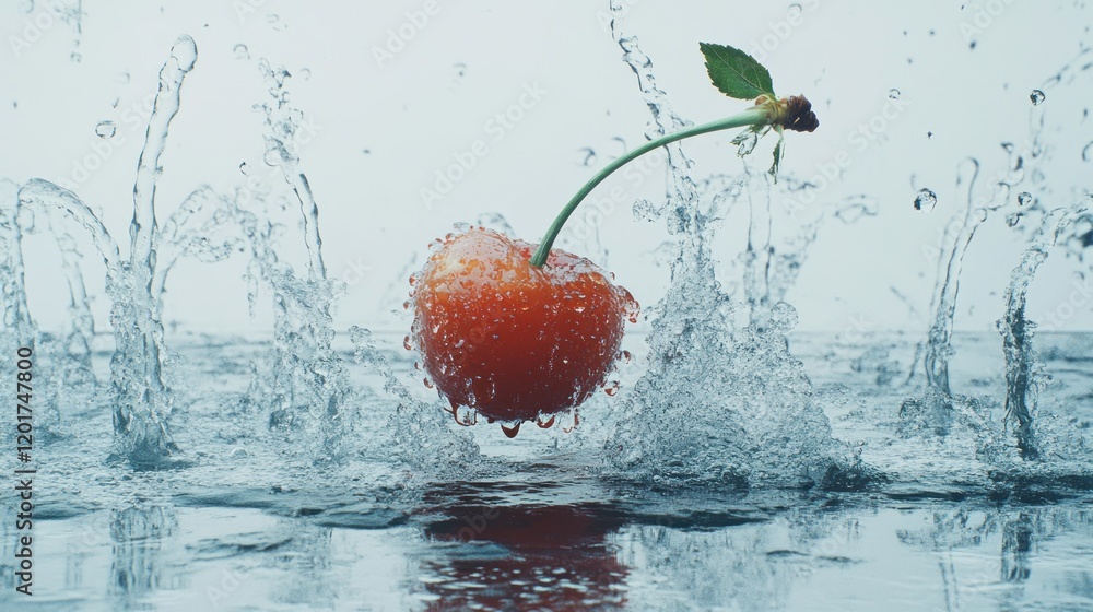 Poster vibrant red cherry splashing into clear water, creating a dynamic and refreshing image