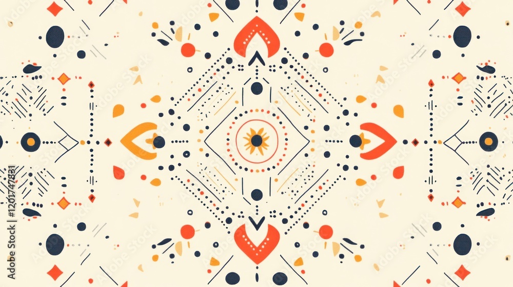 Poster symmetrical abstract pattern with geometric shapes and floral elements in warm colors.