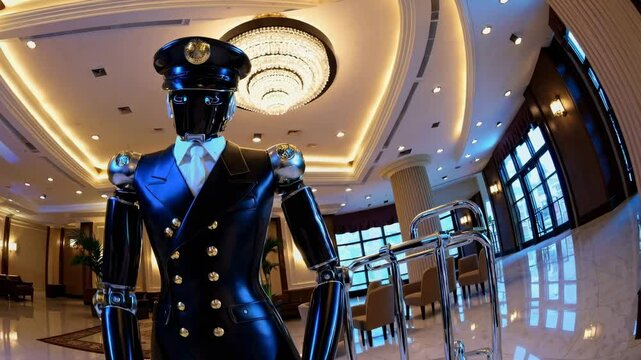 Polished metallic bellhop robot waiting in luxurious hotel lobby, standing beneath sparkling crystal chandelier, representing advanced hospitality technology and futuristic service innovation