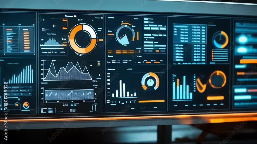 Poster detailed shot of a digital dashboard displaying realtime data analytics including graphs and supply 