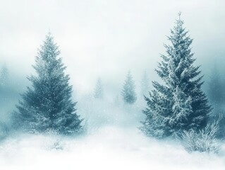 Fototapeta premium ethereal winter scene with snow-covered pine trees, soft watercolor technique, cool blues and whites, misty atmosphere