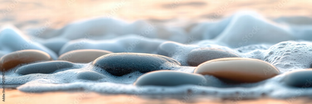 Poster smooth beach pebbles gently washed by soft ocean waves at sunset near the shore. generative ai