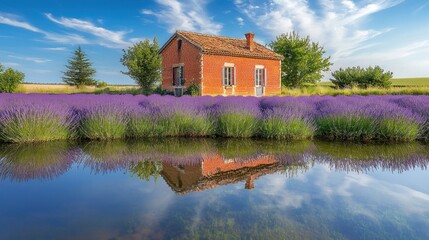 Obraz premium Rustic red house reflected in lavender field pond.