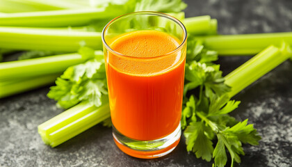 Glass of carrot juice with carrots and green leaves generated.AI