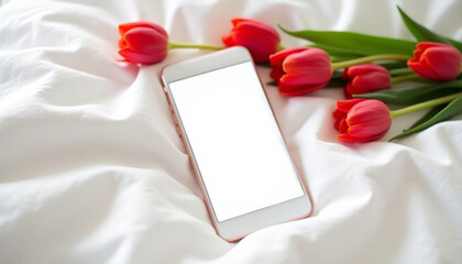 Phone mockup on white bed surrounded red tulips. Mobile phone with blank white screen. Woman's Day, Valentine's day, birthday, online shopping and advertising concept