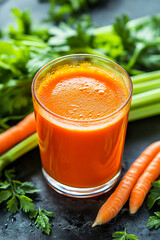 Glass of carrot juice with carrots and green leaves generated.AI