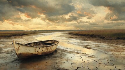 Dried riverbed, lone boat, sunset sky, drought landscape, environmental impact