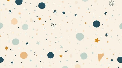 Abstract seamless pattern with circles, stars, and dots on a light beige background.