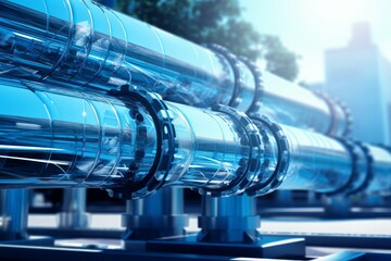 Transparent pipes with visible data streams are transporting energy or information across an urban landscape