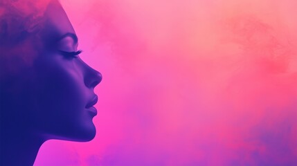 Profile of a woman's face in silhouette, illuminated by vibrant purple and pink gradient lighting with a smoky texture in the background. Abstract and dreamy composition.