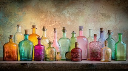 Colorful antique glass bottles on wooden shelf against textured wall.