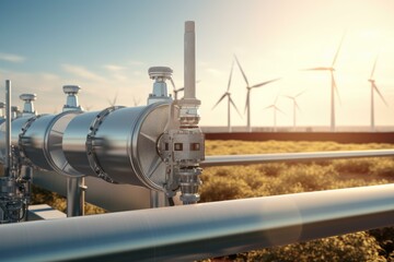Naklejka premium Metal pipeline infrastructure transporting gas or oil with wind turbines in background, symbolizing energy transition