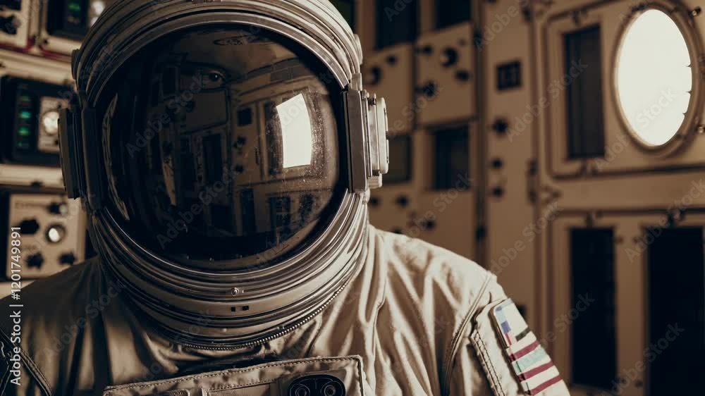 Poster spacesuited astronaut navigating spaceship control room, carefully monitoring intricate panels and a