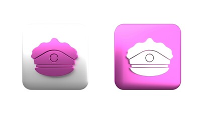 Colorful Police cap with cockade icon isolated on white background. Police hat sign. Square button. 3D render illustration