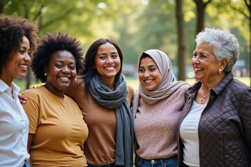 A group of women stands together in full view, joyfully participating in International Women's Day. The scene features a sunny park with ample space for adding a message
