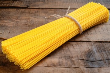 Dried spaghetti bundle on rustic wood. Food photography for recipe blogs