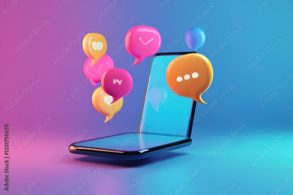 Fototapete vibrant chat bubbles emerging from a smartphone with bright colors in a modern setting. generative a
