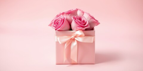 A delicate pink gift box adorned with a satin bow, containing a vibrant bouquet of pink roses, evokes a sense of love, care, and celebration.