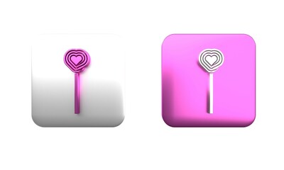 Colorful Lollipop icon isolated on white background. Candy sign. Food, delicious symbol. Valentines day. Love symbol. Square button. 3D render illustration
