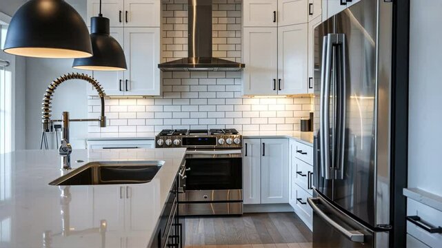 Modern kitchen featuring stainless steel appliances, white cabinets, and large island, complemented by stylish lighting and contemporary backsplash, creating warm and inviting atmosphere.