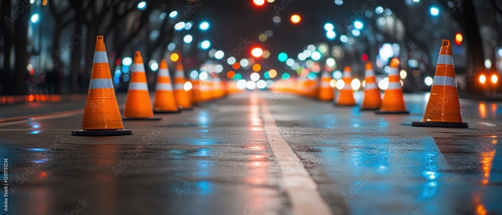 Poster urban nighttime viewpoint spatial design with symmetrical cones on an empty surface