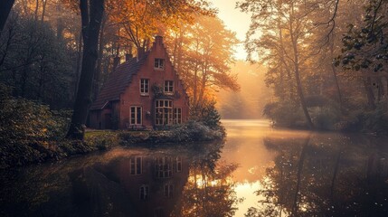 Fototapeta premium Misty autumn morning, brick house by calm lake, golden leaves.