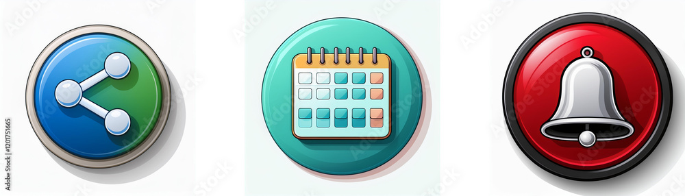 Aufkleber three circular buttons depict sharing, scheduling, and notifications. each button features a distinc