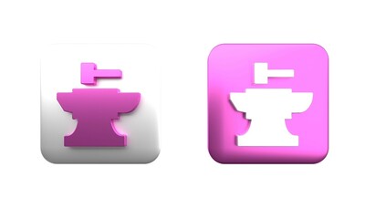 Colorful Anvil for blacksmithing and hammer icon isolated on white background. Metal forging. Forge tool. Square button. 3D render illustration